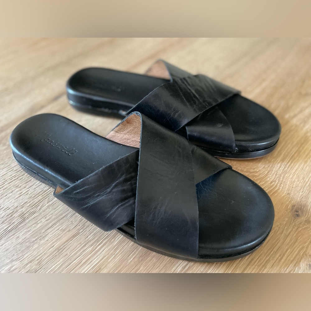 MADEWELL The Louisa Crisscross Slide Sandals Size 9 Black Leather Minimalist - Picture 3 of 7